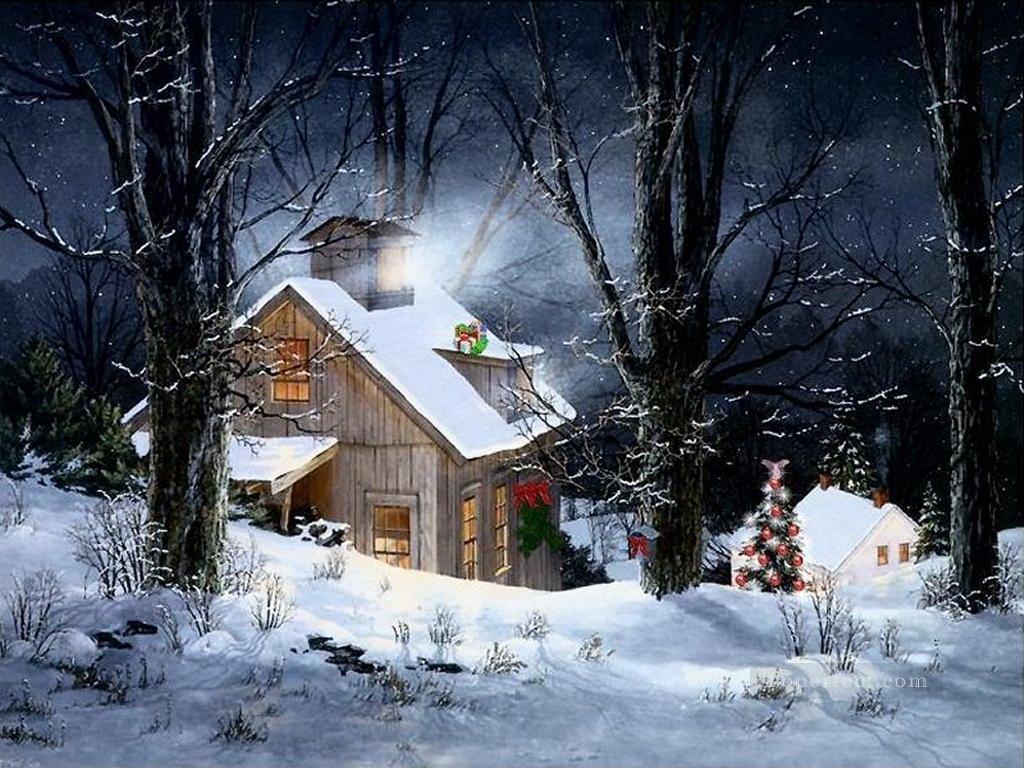 雪が降るクリスマスコテージ油絵